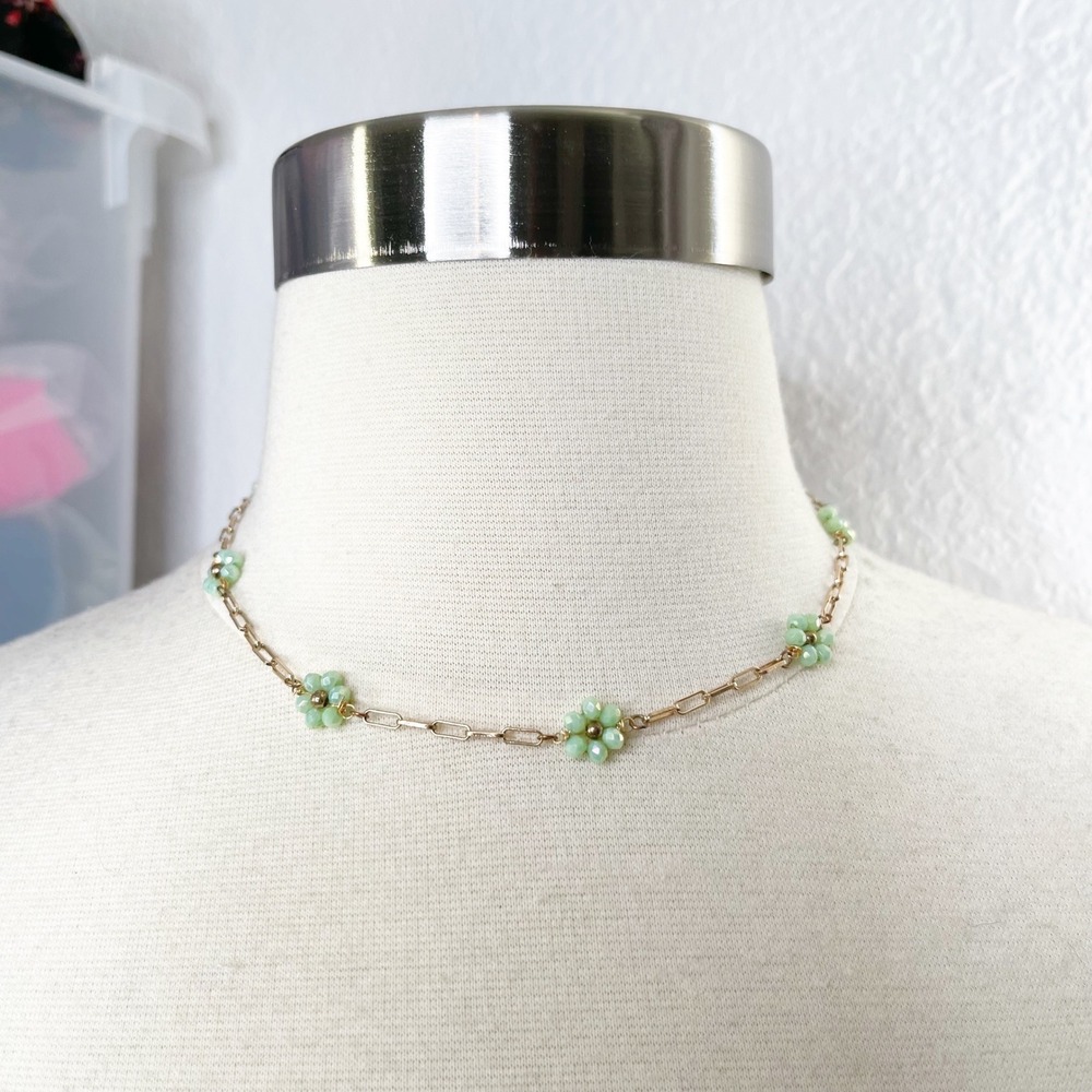 Gold Tone Paperclip Chain Necklace with Mint Green Beaded Daisy Charms Floral